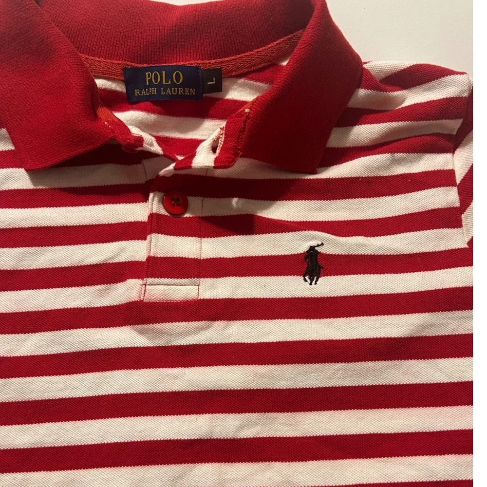 Polo Ralph Lauren Mens Red White Striped Short Sleeve Pique Polo Shirt Size L